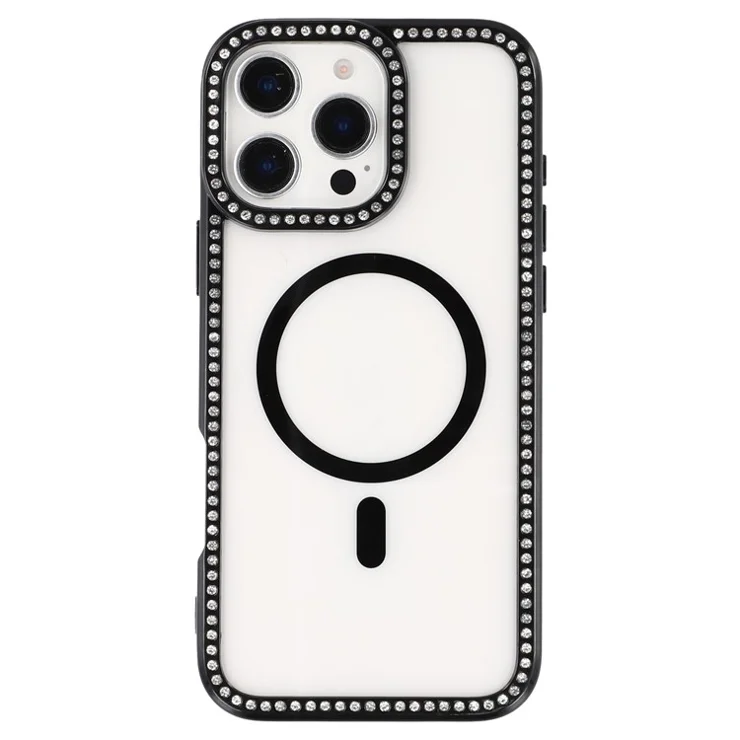 For iPhone 16 Pro Max Case Compatible with MagSafe Sparkling Rhinestone Decor TPU + PC Clear Phone Back Cover - Black
