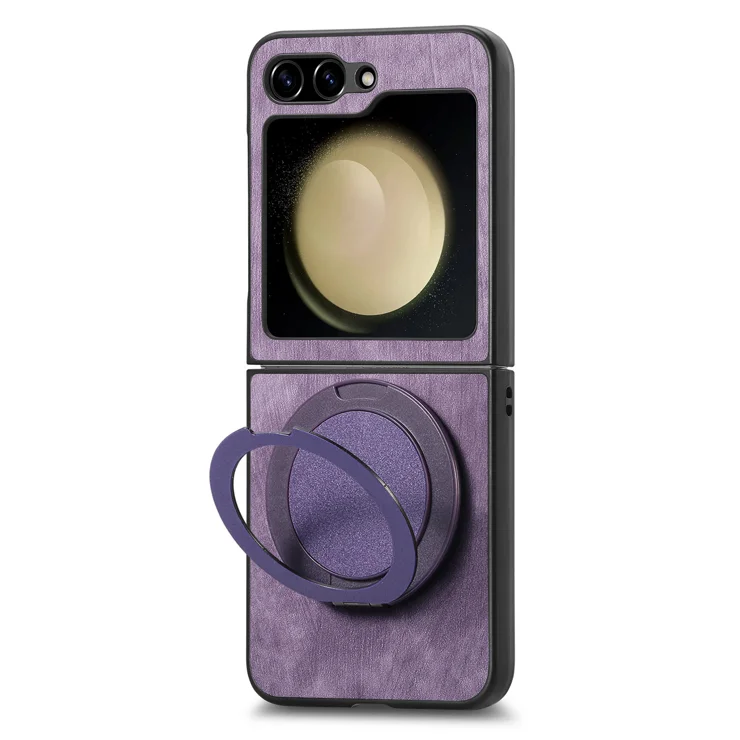 For Samsung Galaxy Z Flip6 5G Phone Case with Rotating Kickstand Stress Relief Retro Leather Back Cover - Purple
