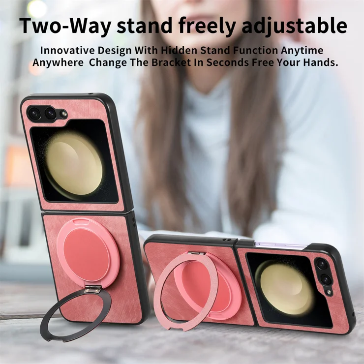 For Samsung Galaxy Z Flip6 5G Phone Case with Rotating Kickstand Stress Relief Retro Leather Back Cover - Pink