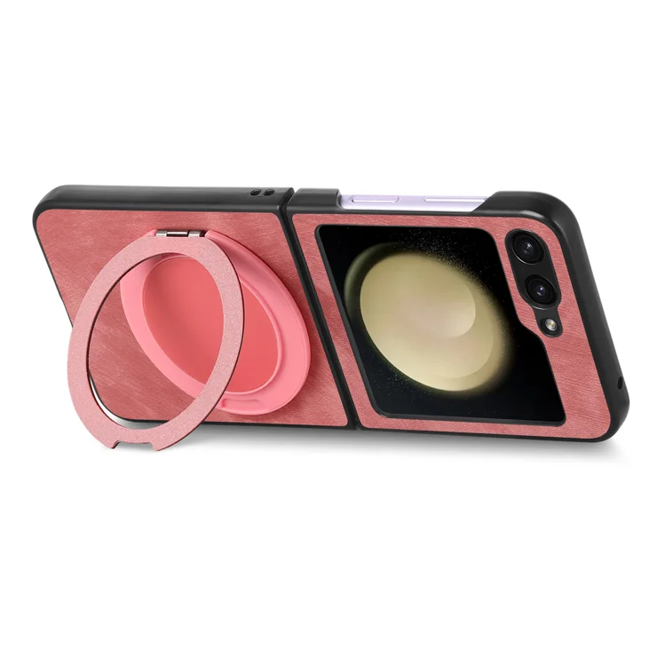For Samsung Galaxy Z Flip6 5G Phone Case with Rotating Kickstand Stress Relief Retro Leather Back Cover - Pink