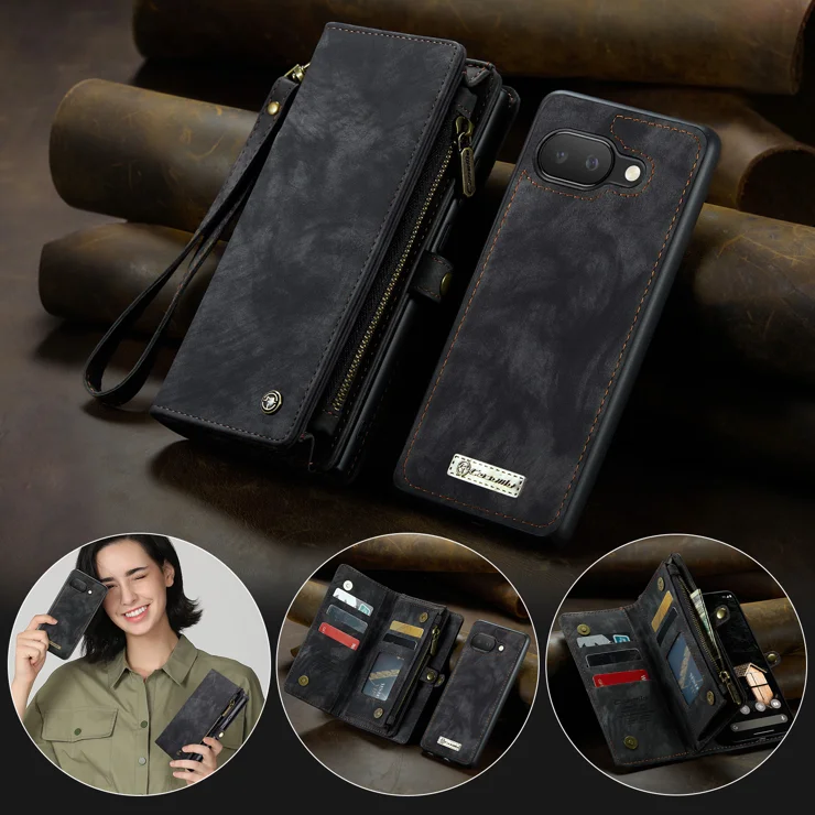 For Google Pixel 9a Phone Cases CASEME Leather Cover with Detachable Wallet and Strap - Black