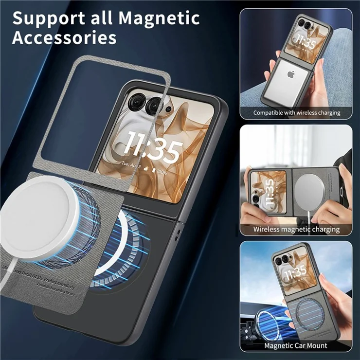 For Motorola Razr 50 5G Case Compatible with MagSafe Denim Texture Leather + PC Shockproof Phone Cover - Grey