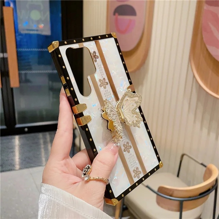 For Samsung Galaxy S24 Ultra Case TPU + PC Electroplated Butterfly Kickstand Phone Cover - White
