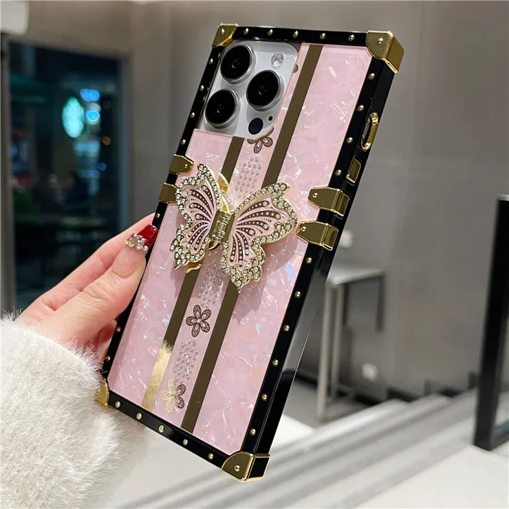 For iPhone 16 Pro Case TPU + PC Electroplated Butterfly Kickstand Phone Cover - Pink
