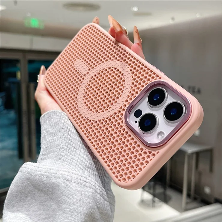 For iPhone 16 Pro Max Magnetic Case Electroplated Mesh Heat Dissipation TPU+PC Phone Back Cover - Pink
