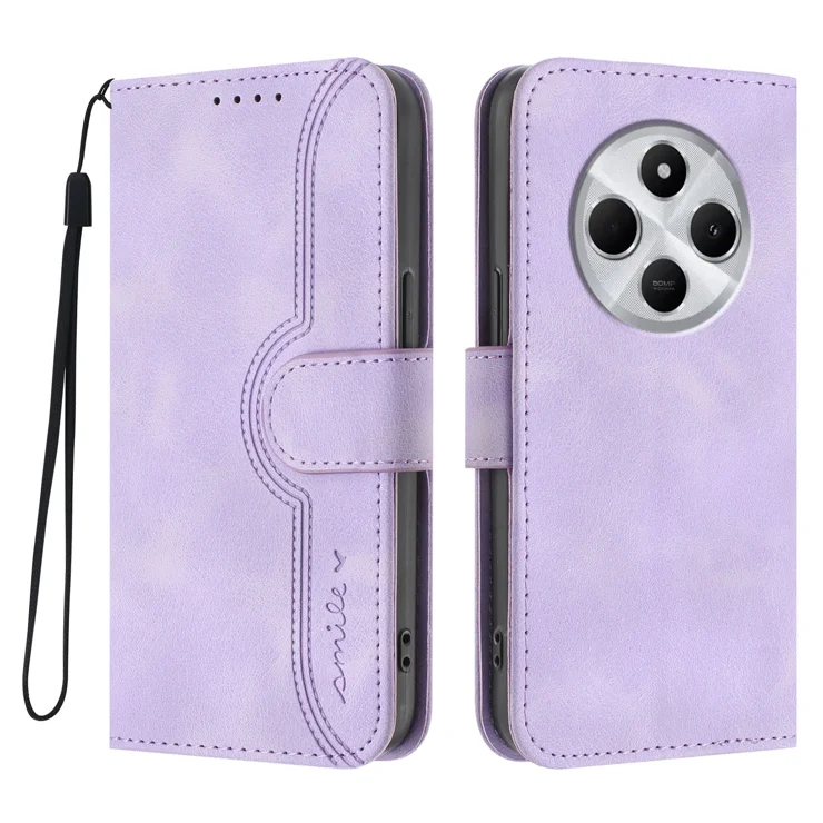 For Xiaomi Redmi A3 Pro 4G / A4 5G / 14R 5G / 14C 4G / Poco C75 4G Leather Case Wallet Stand Smile Imprinted Phone Cover with Strap - Purple