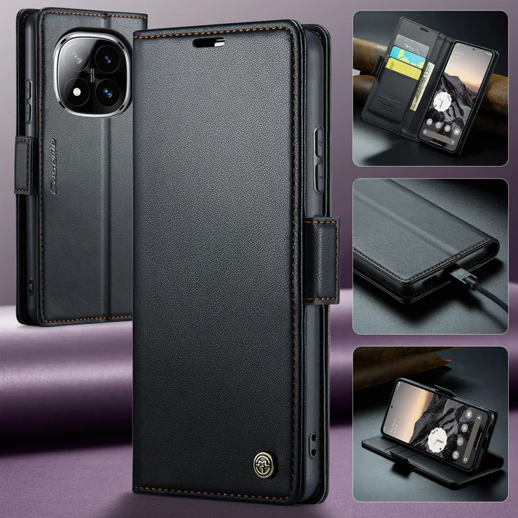 For Xiaomi Redmi Note 14 Pro 4G Case CASEME 023 Series RFID Blocking Leather Wallet Stand Phone Cover - Black