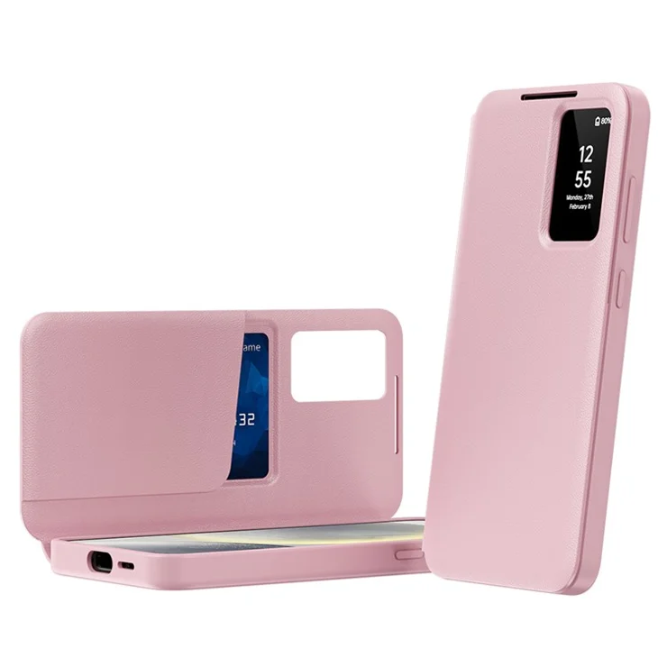 For Samsung Galaxy S23 FE Case with Card Holder Smart View Window Leather Phone Cover - Pink
