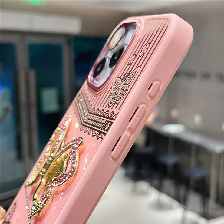 For iPhone 16 Pro Max Case Butterfly Kickstand TPU + PC Phone Back Cover Rhinestone Decor - Purple
