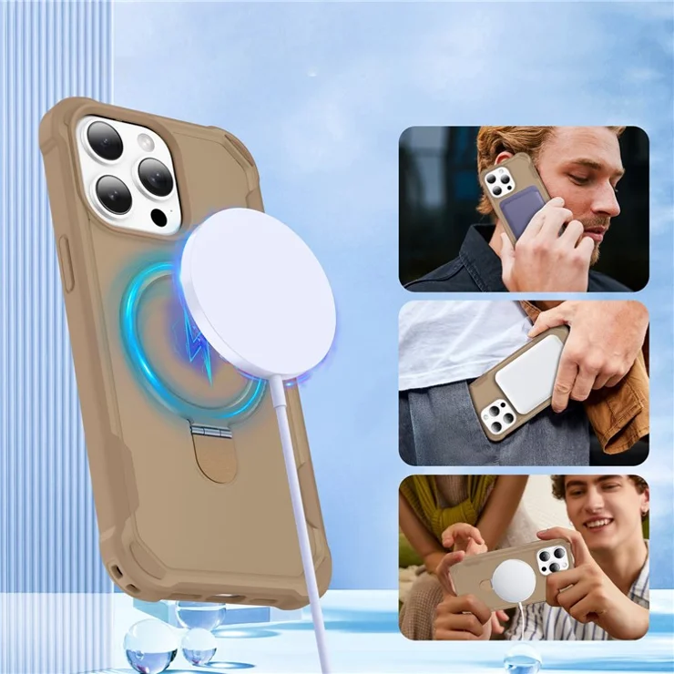 For iPhone 15 Pro Case Compatible with MagSafe Kickstand TPU + PC Shockproof Phone Back Cover - Gold
