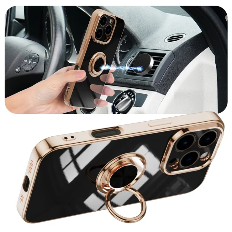 For iPhone 16 Pro Case Precise Cutouts 6D Electroplating TPU Phone Cover with Ring Holder - Black