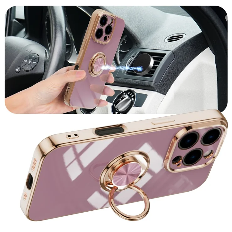 For iPhone 16 Pro Case Precise Cutouts 6D Electroplating TPU Phone Cover with Ring Holder - Light Purple