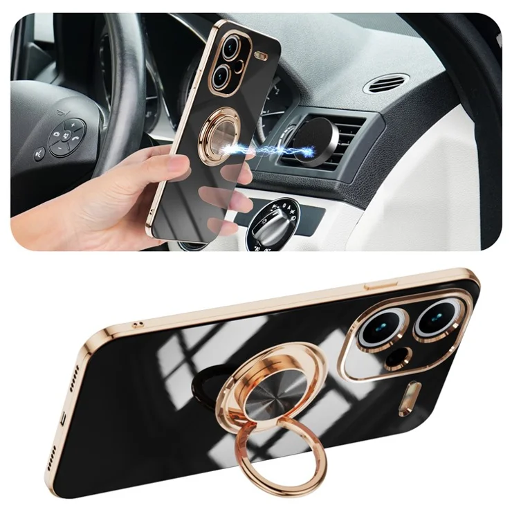 For Xiaomi Redmi Note 13 Pro+ 5G Case Precise Cutouts 6D Electroplating TPU Phone Cover with Ring Holder - Black