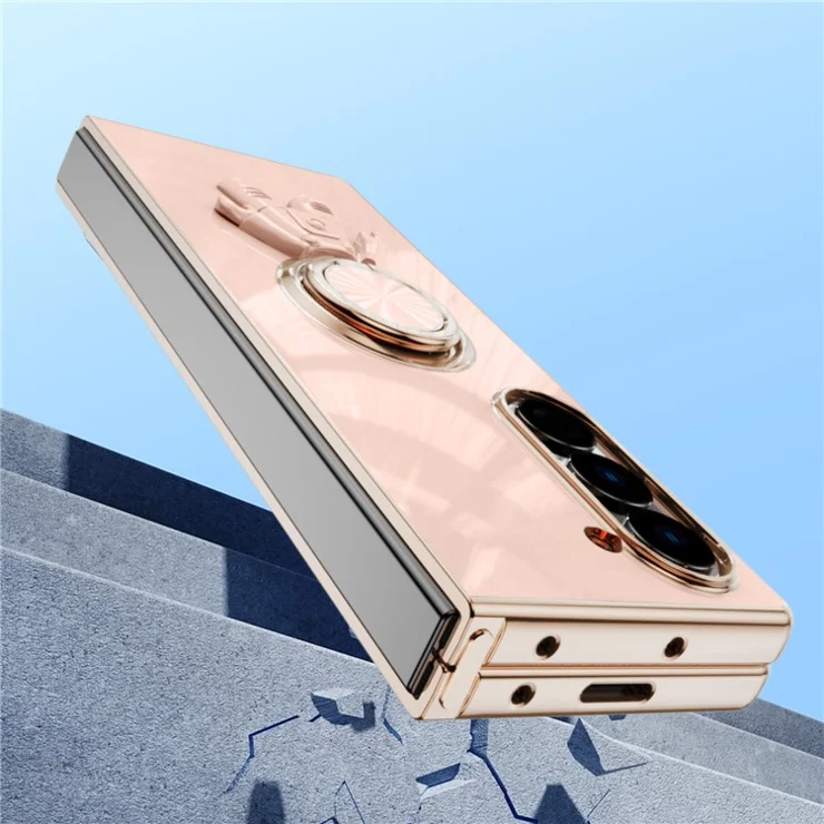 For Samsung Galaxy Z Fold6 5G Case with Astronaut Ring Kickstand 6D Electroplating TPU Phone Cover - Pink