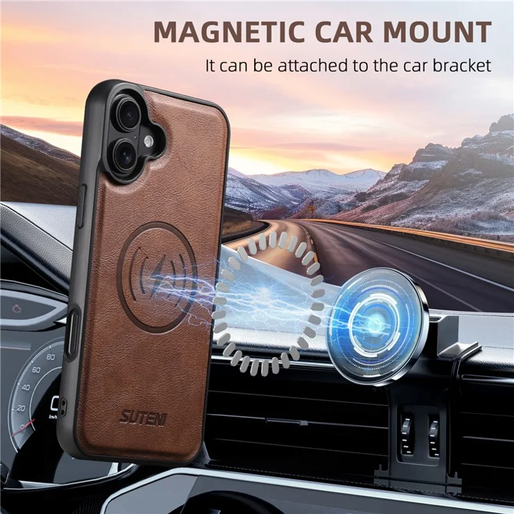 SUTENI M4 For iPhone 16 Plus Magnetic Case with Detachable Card Bag Cowhide Texture Leather Back Cover - Brown