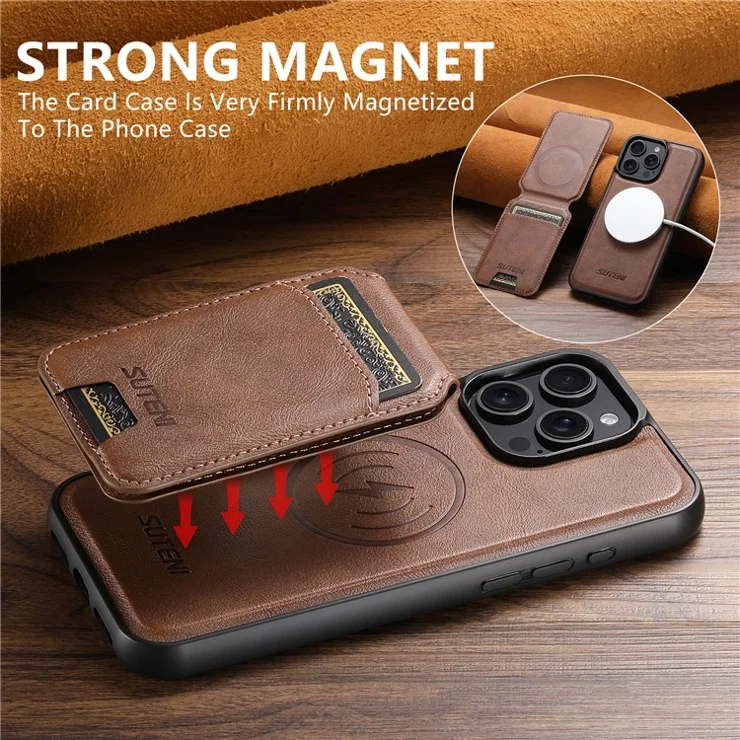 SUTENI M5 For iPhone 16 Pro Max Magnetic Case with Card Bag Cowhide Texture Leather Phone Back Cover - Brown