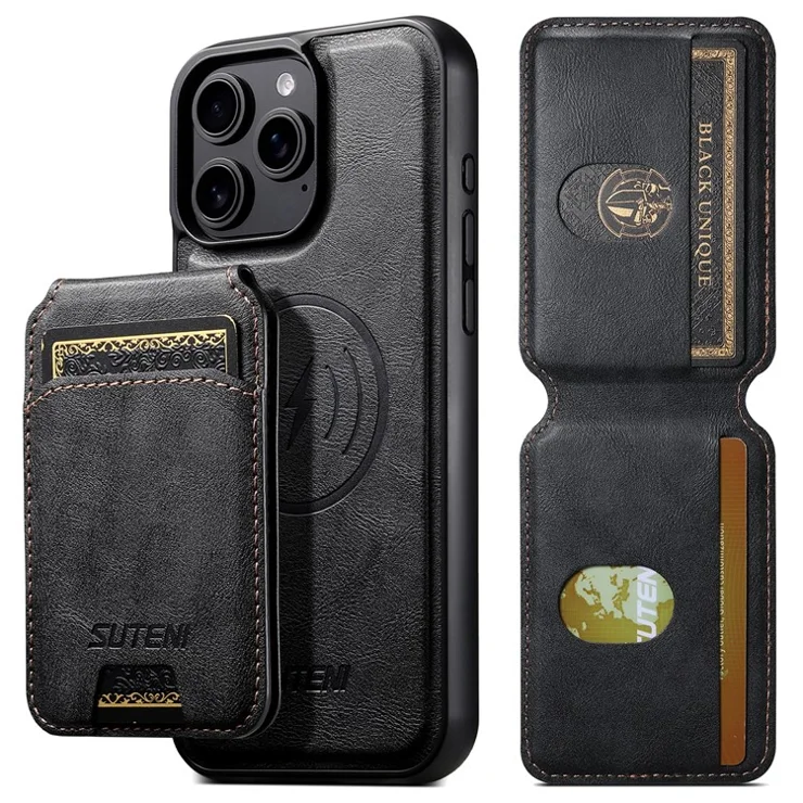 SUTENI M5 For iPhone 16 Pro Magnetic Case with Card Bag Cowhide Texture Leather Phone Back Cover - Black