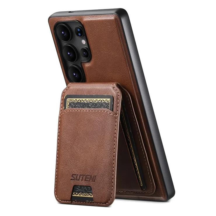 SUTENI M5 For Samsung Galaxy S22 Ultra 5G Magnetic Case with Card Bag Cowhide Texture Leather Phone Back Cover - Brown