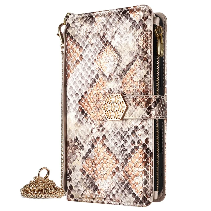 For itel P65 Case Snake Skin Texture PU Leather Phone Wallet Cover with Shoulder Strap - White