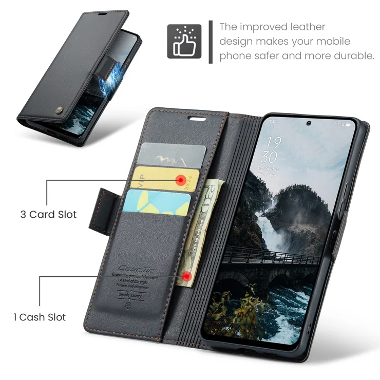 For Oppo Reno13 5G (Global) Case CASEME 023 Series RFID Blocking Leather Wallet Stand Phone Cover - Black