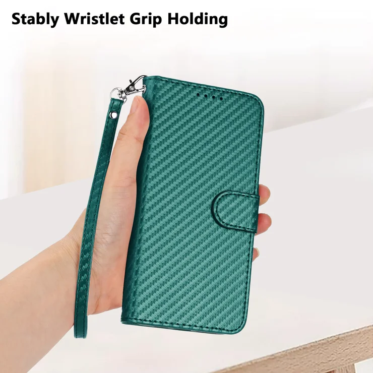 For Samsung Galaxy A06 5G / Galaxy A06 4G Wallet Case with Strap Carbon Fiber Texture Leather Mobile Cover - Blackish Green