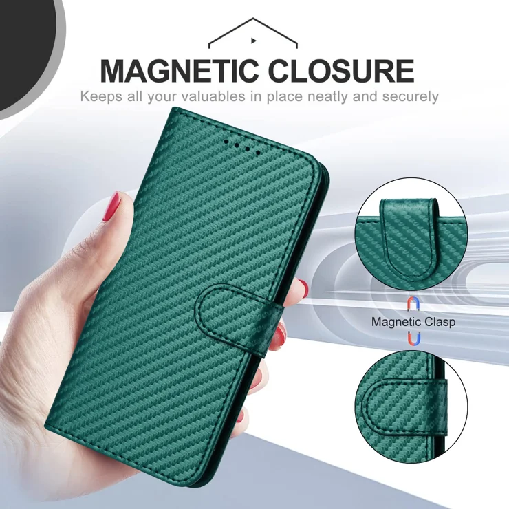 For Samsung Galaxy A06 5G / Galaxy A06 4G Wallet Case with Strap Carbon Fiber Texture Leather Mobile Cover - Blackish Green