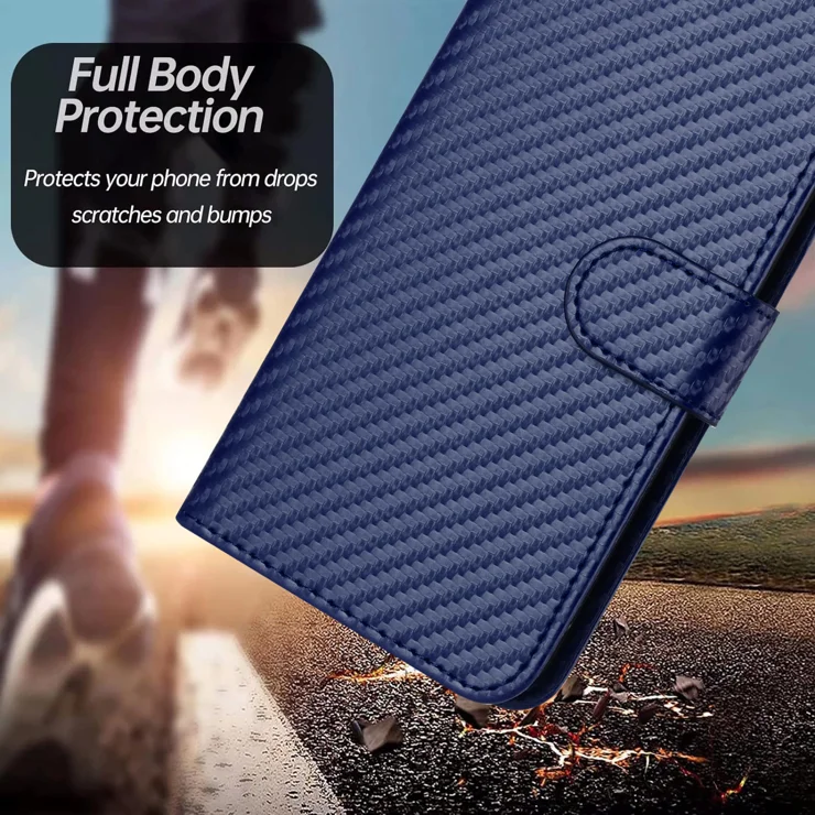 For Samsung Galaxy A55 5G Wallet Case with Strap Carbon Fiber Texture Leather Mobile Cover - Royal Blue