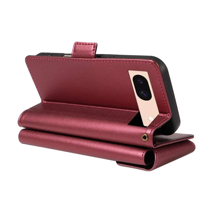 For Google Pixel 8a Case with Multi-Card Holder and Strap PU Leather Phone Cover Stand - Wine Red