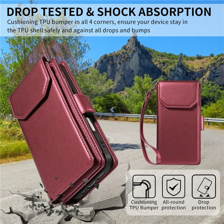 For Google Pixel 9a Case with Multi-Card Holder and Strap PU Leather Phone Cover Stand - Wine Red