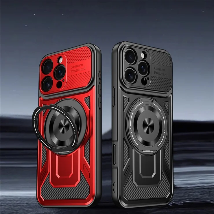 For iPhone 16 Pro Case Compatible with MagSafe Rotating Kickstand TPU + PC Phone Cover - Red