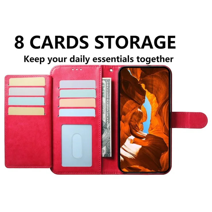 For OnePlus 13 Wallet Phone Case with 8 Card Slot Stand PU Leather Folio Flip Cover - Rose