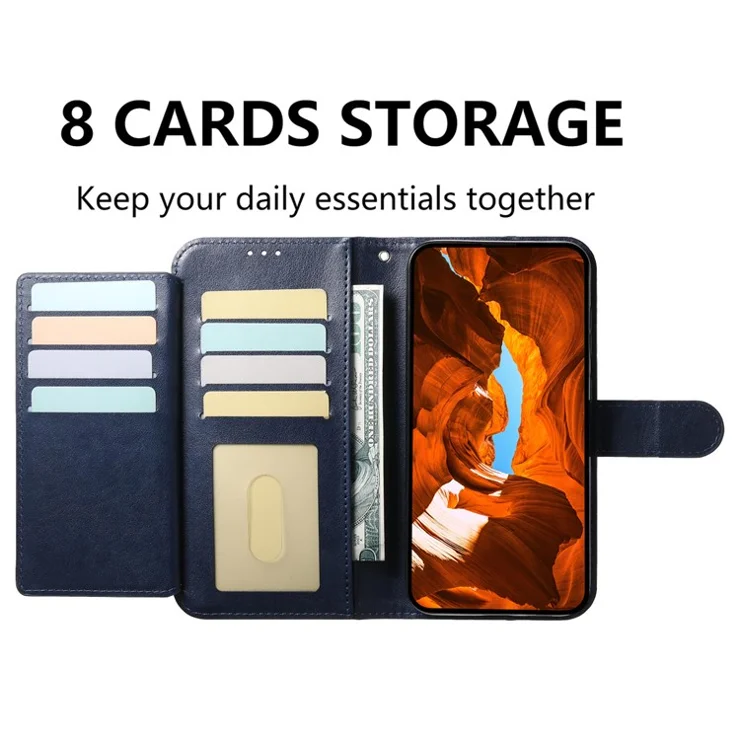 For iPhone 16 Pro Max Wallet Phone Case with 8 Card Slot Stand PU Leather Folio Flip Cover - Dark Blue