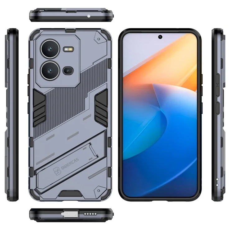 Hard PC + Soft TPU Anti-Drop Case for vivo V25 5G, Kickstand Cell Phone Shockproof Cover - Grey