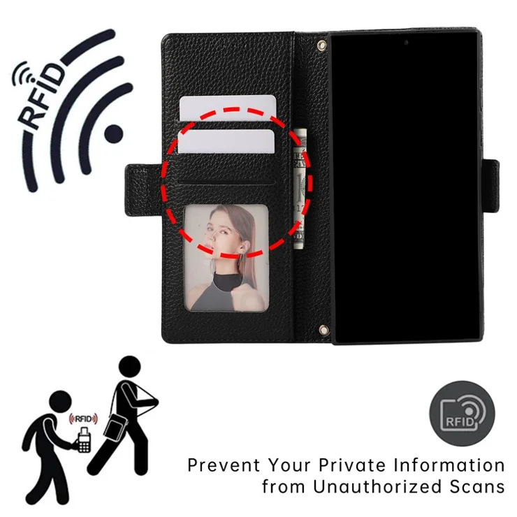 For Xiaomi 14T Leather Case RFID Blocking Shockproof Wallet Phone Cover with Straps - Black