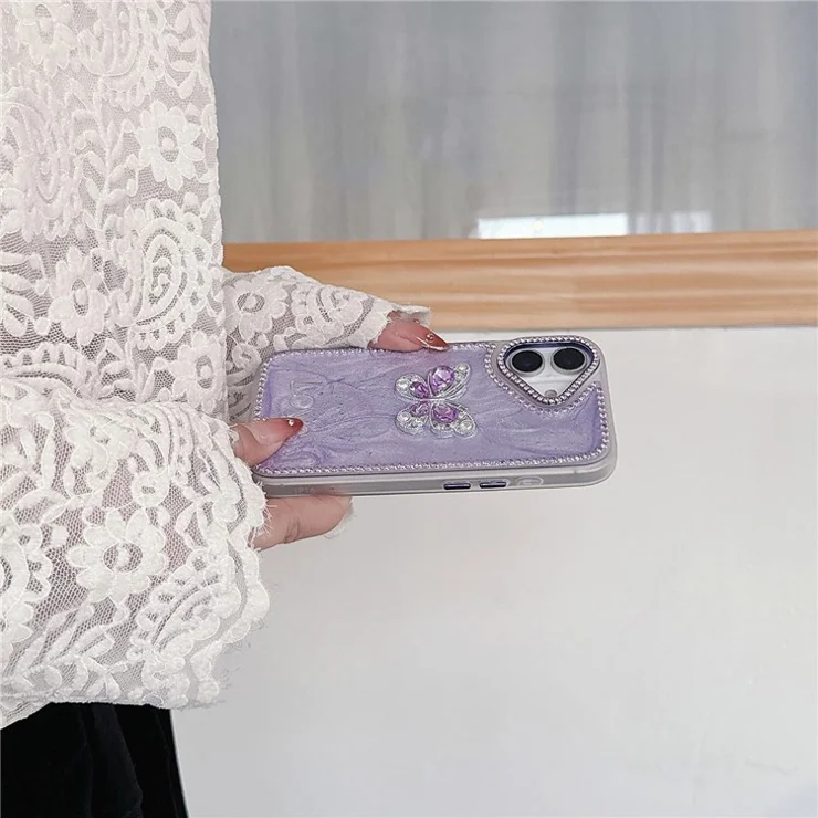 For iPhone 16 Case Rhinestone Decor Butterfly Design TPU + PC Phone Back Cover - Purple