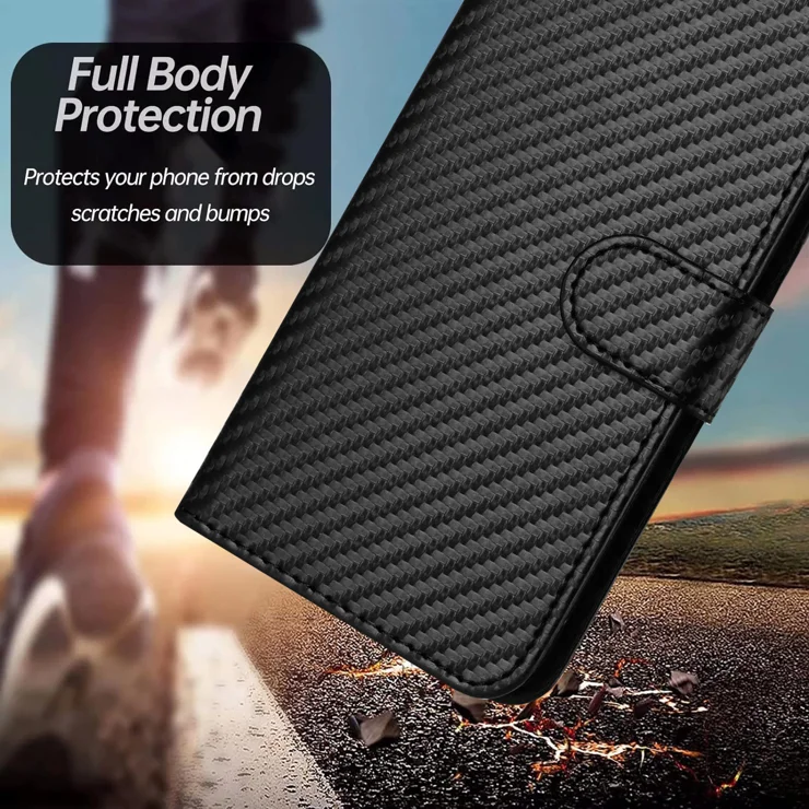 For iPhone 16e Wallet Case with Strap Carbon Fiber Texture Leather Mobile Cover - Black