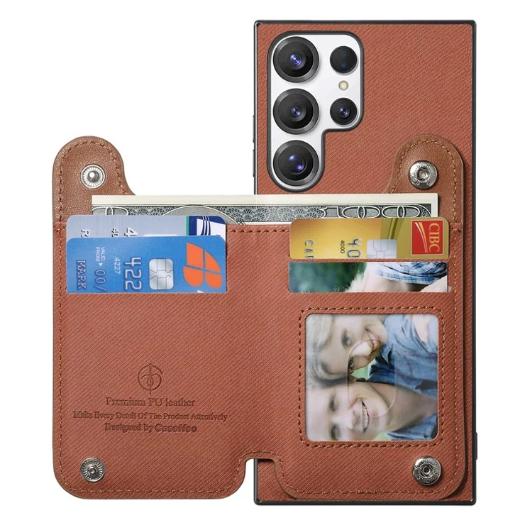 For Samsung Galaxy S24 Ultra Case with Card Holder Kickstand Leather + TPU + PC Phone Cover - Brown