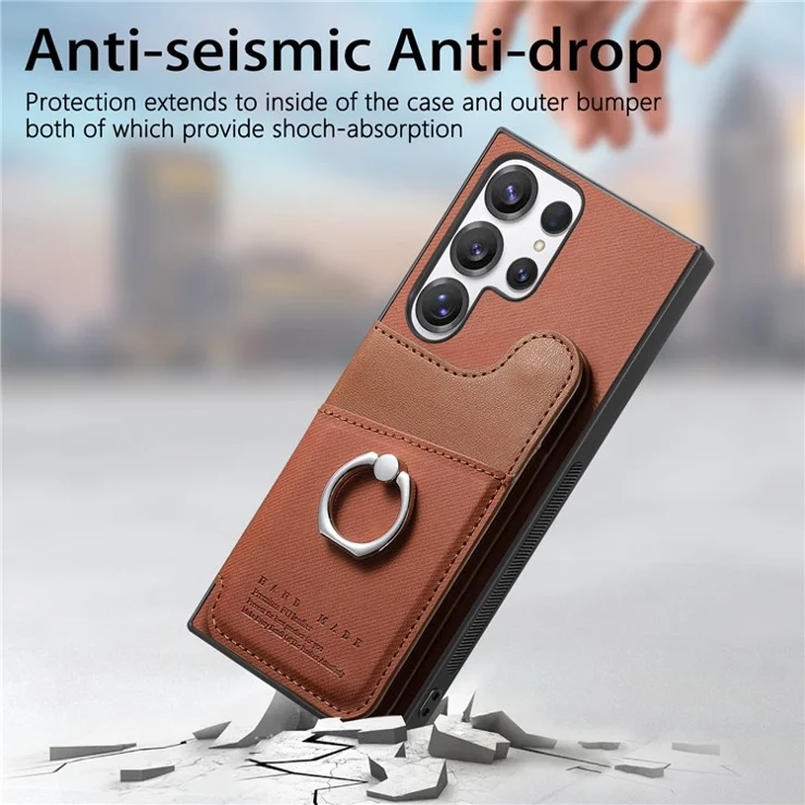 For Samsung Galaxy S24 Ultra Case with Card Holder Kickstand Leather + TPU + PC Phone Cover - Brown