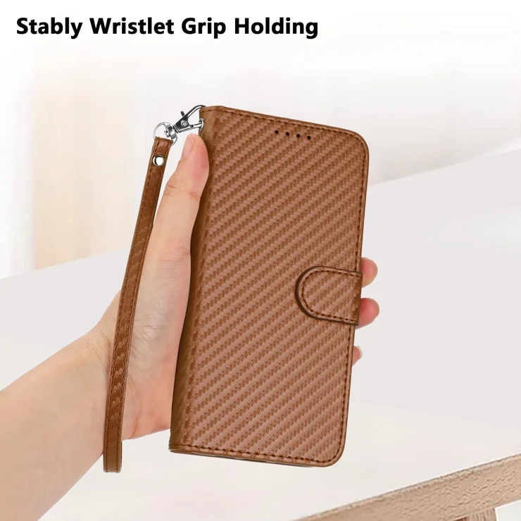 For Motorola Moto G Power (2024) Wallet Case with Strap Carbon Fiber Texture Leather Mobile Cover - Coffee