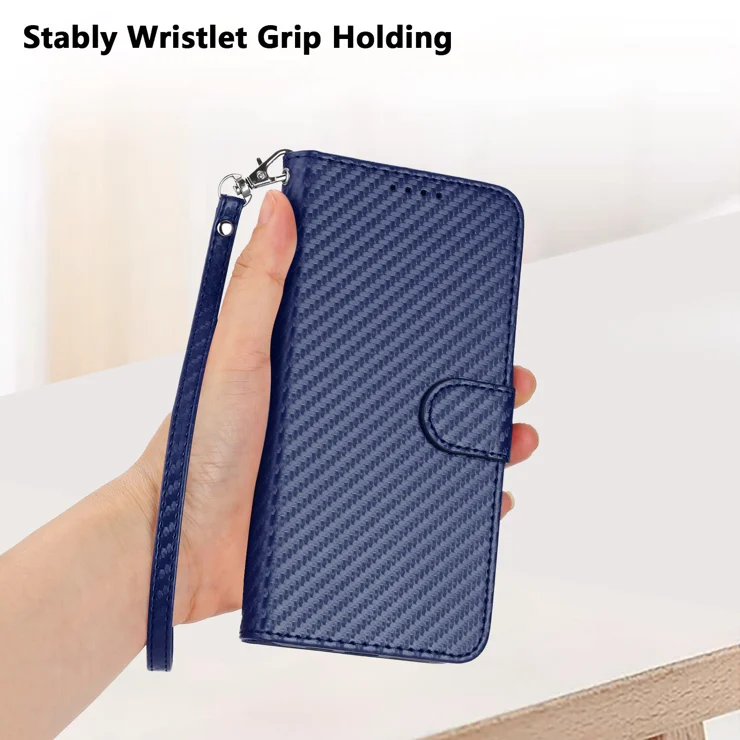 For Motorola Moto G Stylus 5G (2024) Wallet Case with Strap Carbon Fiber Texture Leather Mobile Cover - Royal Blue