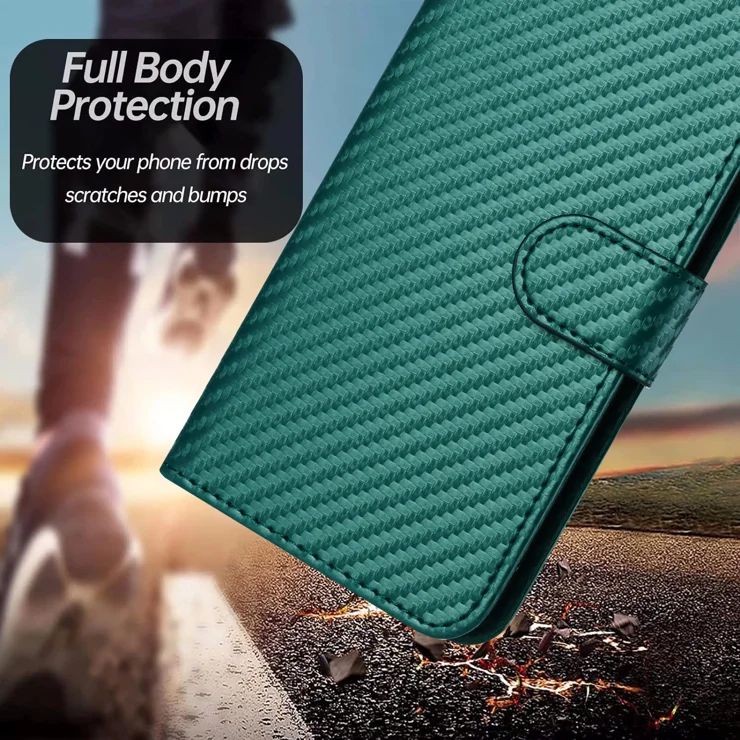 For Motorola Moto G Stylus 5G (2024) Wallet Case with Strap Carbon Fiber Texture Leather Mobile Cover - Blackish Green