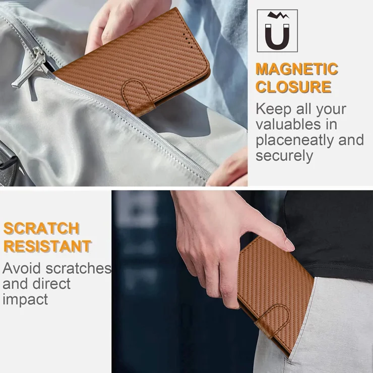 For Motorola Moto G 5G (2024) / Motorola Moto G Play 5G (2024) Wallet Case with Strap Carbon Fiber Texture Leather Mobile Cover - Coffee