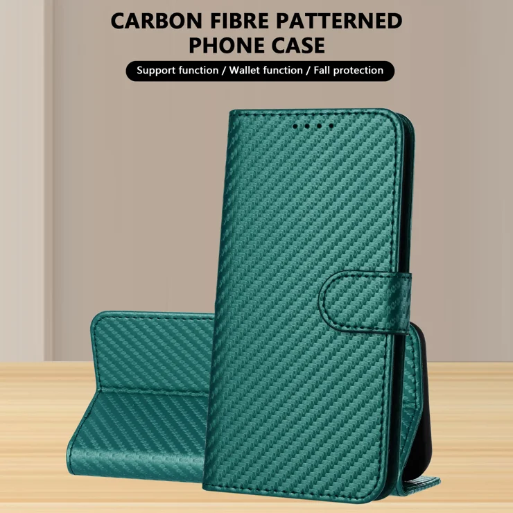 For Motorola Moto G04s 4G / Motorola Moto G24 4G / Motorola Moto E14 4G / Motorola Moto G04 5G Wallet Case with Strap Carbon Fiber Texture Leather Mobile Cover - Blackish Green