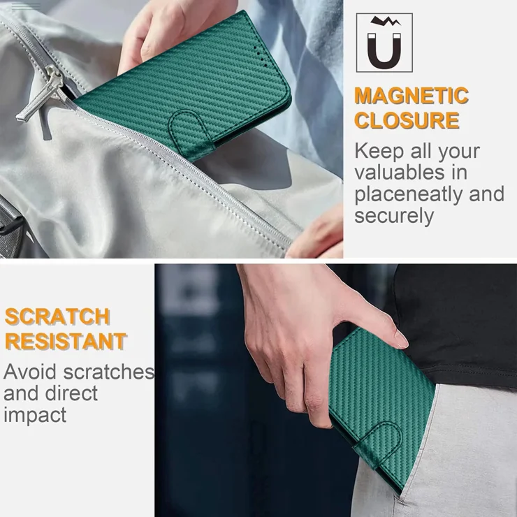 For Motorola Moto G54 5G / Motorola Moto G54 (China) 5G / Motorola Moto G73 5G / Motorola Moto G64 5G / Motorola Moto G64y 5G / Motorola Moto G14 4G Wallet Case with Strap Carbon Fiber Texture Leather Mobile Cover - Blackish Green