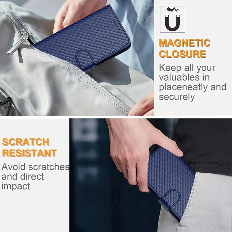 For Motorola Moto G35 5G Wallet Case with Strap Carbon Fiber Texture Leather Mobile Cover - Royal Blue