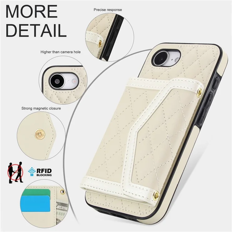 For iPhone 16e Case Card Holders RFID Blocking PU Leather + TPU Phone Cover with Shoulder Strap - White
