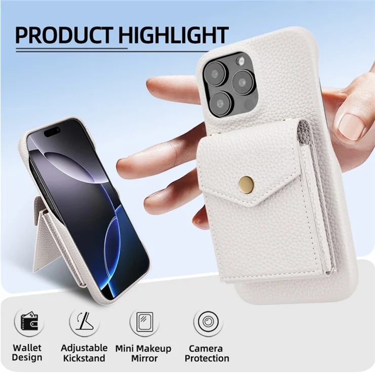 For iPhone 16 Pro Max Case Litchi Textured PU + TPU Phone Cover with Card Holder, Strap - White