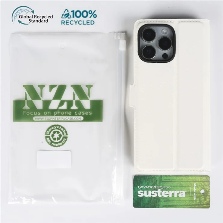 For iPhone 13 Pro Max Stand Case Biobased Eco-Friendly RPET RPVB Slim Phone Cover with Wallet - White