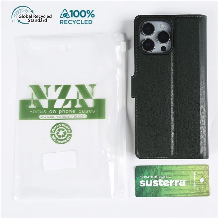For iPhone 15 Pro Max Stand Case Biobased Eco-Friendly RPET RPVB Slim Phone Cover with Wallet - Blackish Green