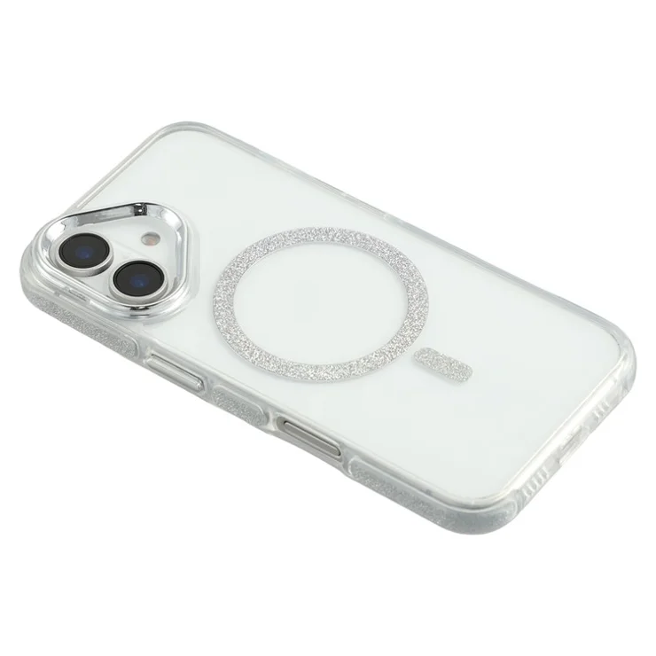 For iPhone 16 Magnetic Case Glitter Edge TPU + PC Clear Back Phone Cover - Silver